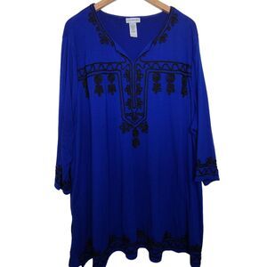 Catherine's Women’s Plus SZ 3X Blue Tunic‎ Top Long Sleeve Black Embroidery